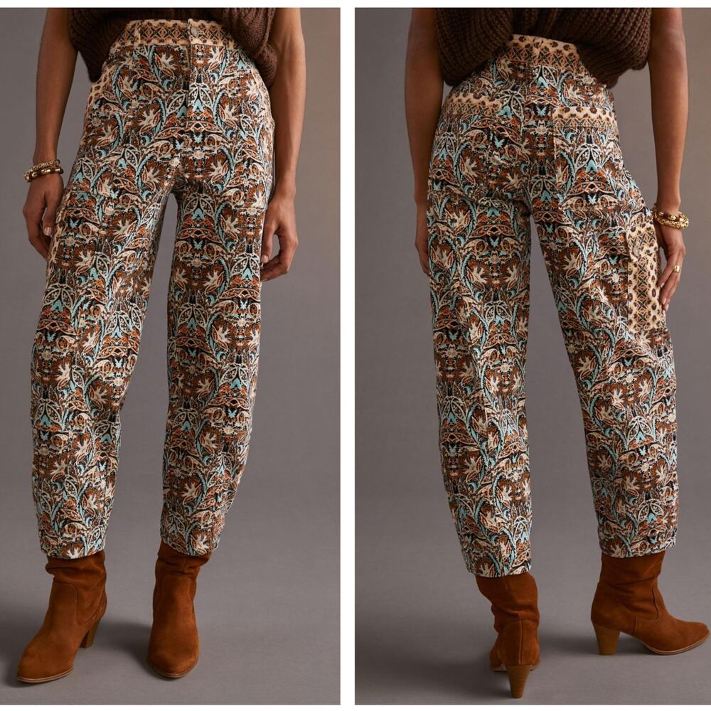 ANTHROPOLOGIE Corduroy Barrel Pants Blue Aztec Print Brown Boho Western {3P32} - Picture 2 of 7